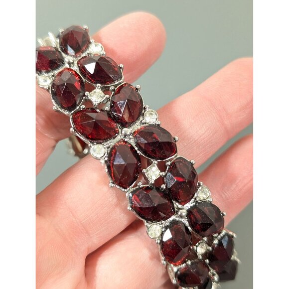 Monet Red Rhinestone Tennis Bracelet 7" Stretch Silver Tone - Picture 6 of 8